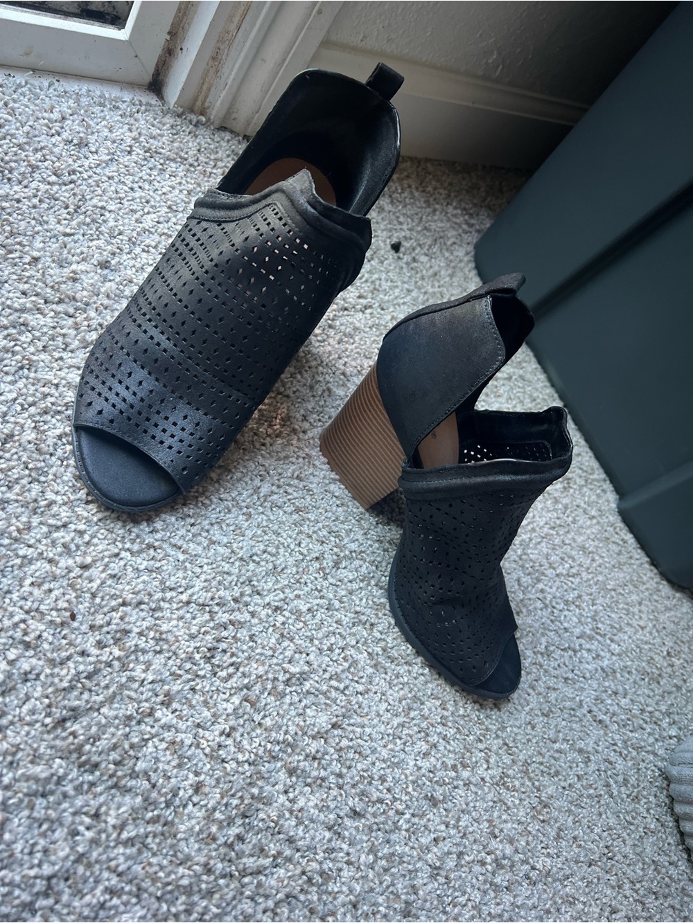 Cupid Black Perforated Open-Toe Block Heel Booties